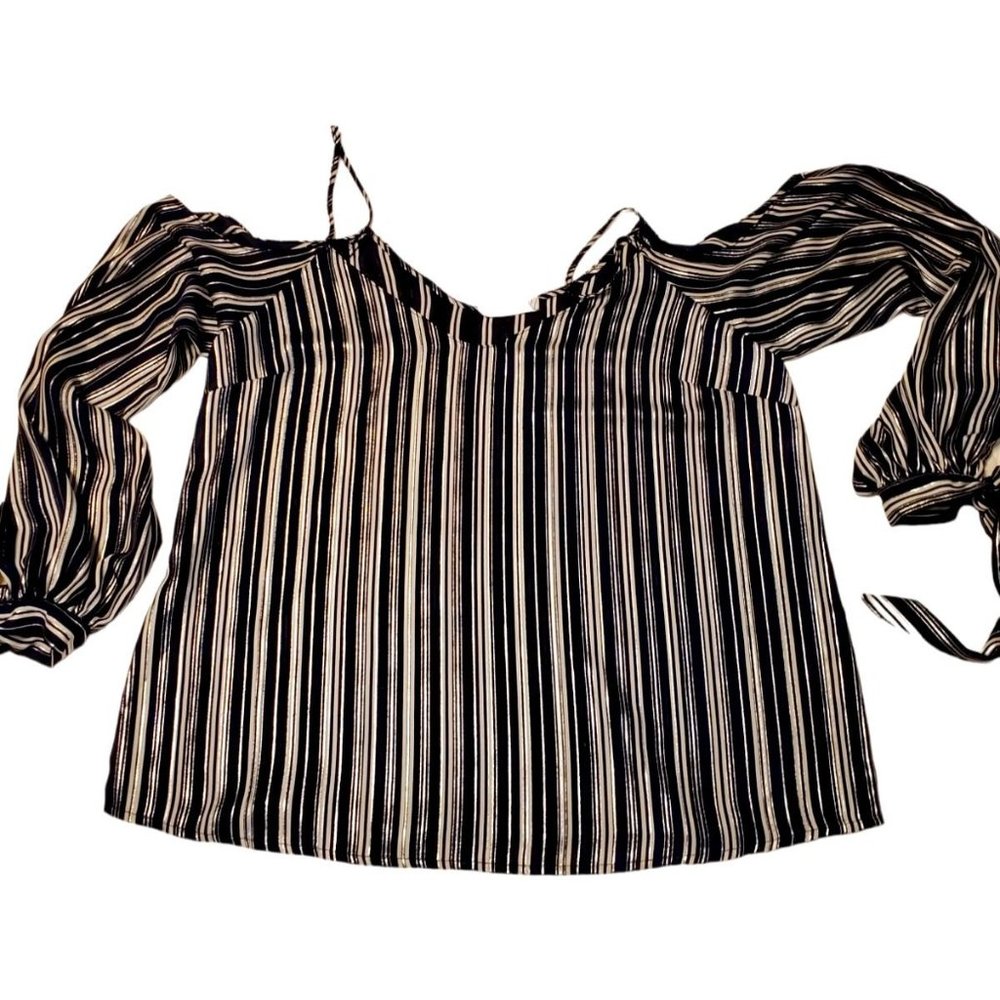 Lush Striped Black Silver White Long Sleeve Cold Shoulder Top Size Med